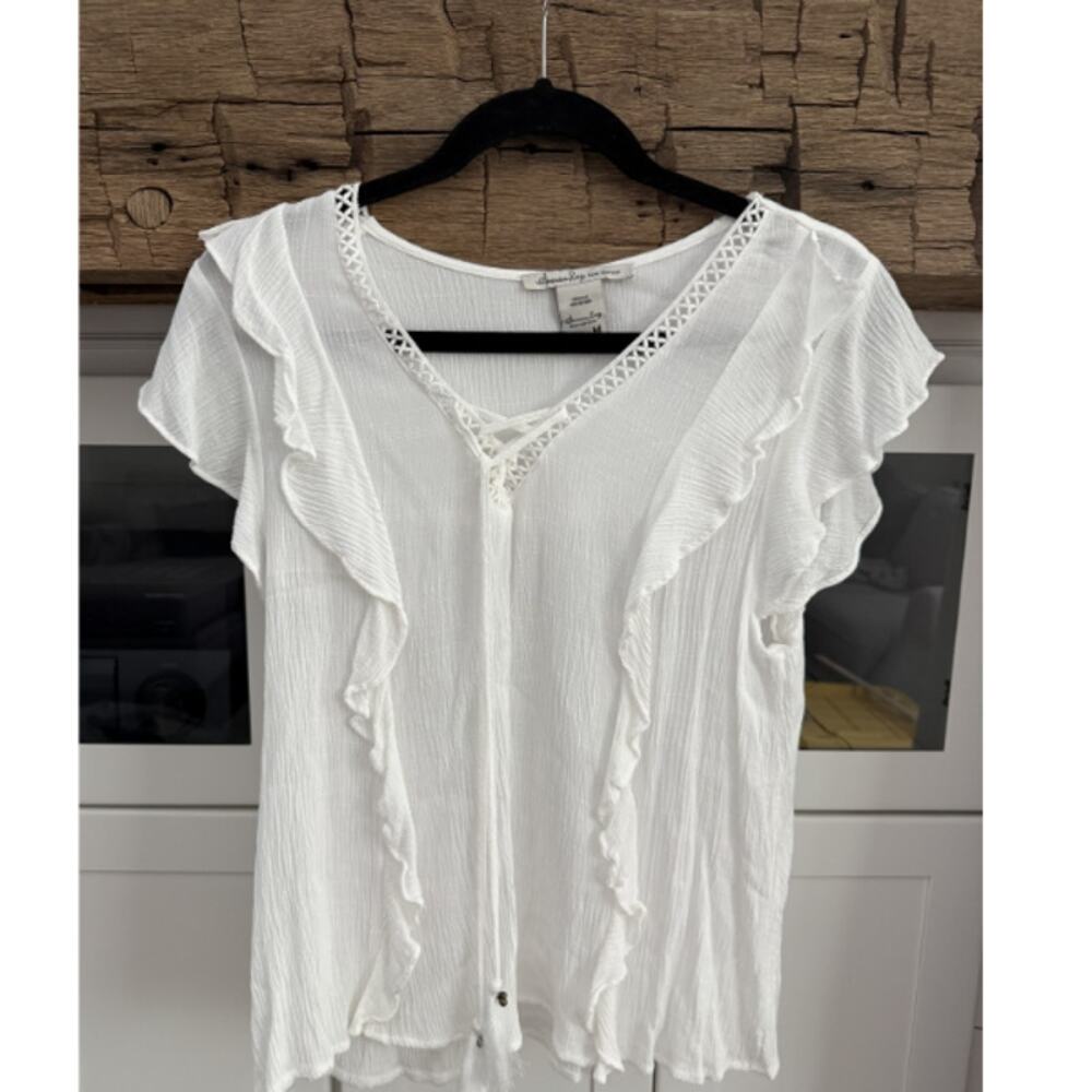 American Rag Cie White Gauze Ruffle Lace Tie Top Flutter Sleeve Size Medium